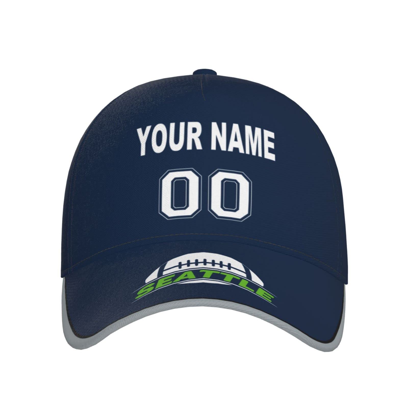 Seattle Cap Custom Any Name and Number Adjustable Football Hat Personalized Gift for Dad Men Women Youth Sports Fans