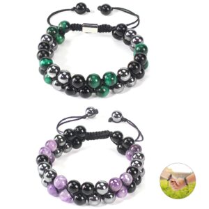 2 pack couple bracelets, evil eye triple protection natural tiger eye hematite black agate amethyst healing crystal bracelet bring luck prosperity, 8mm beads bracelet for men and women