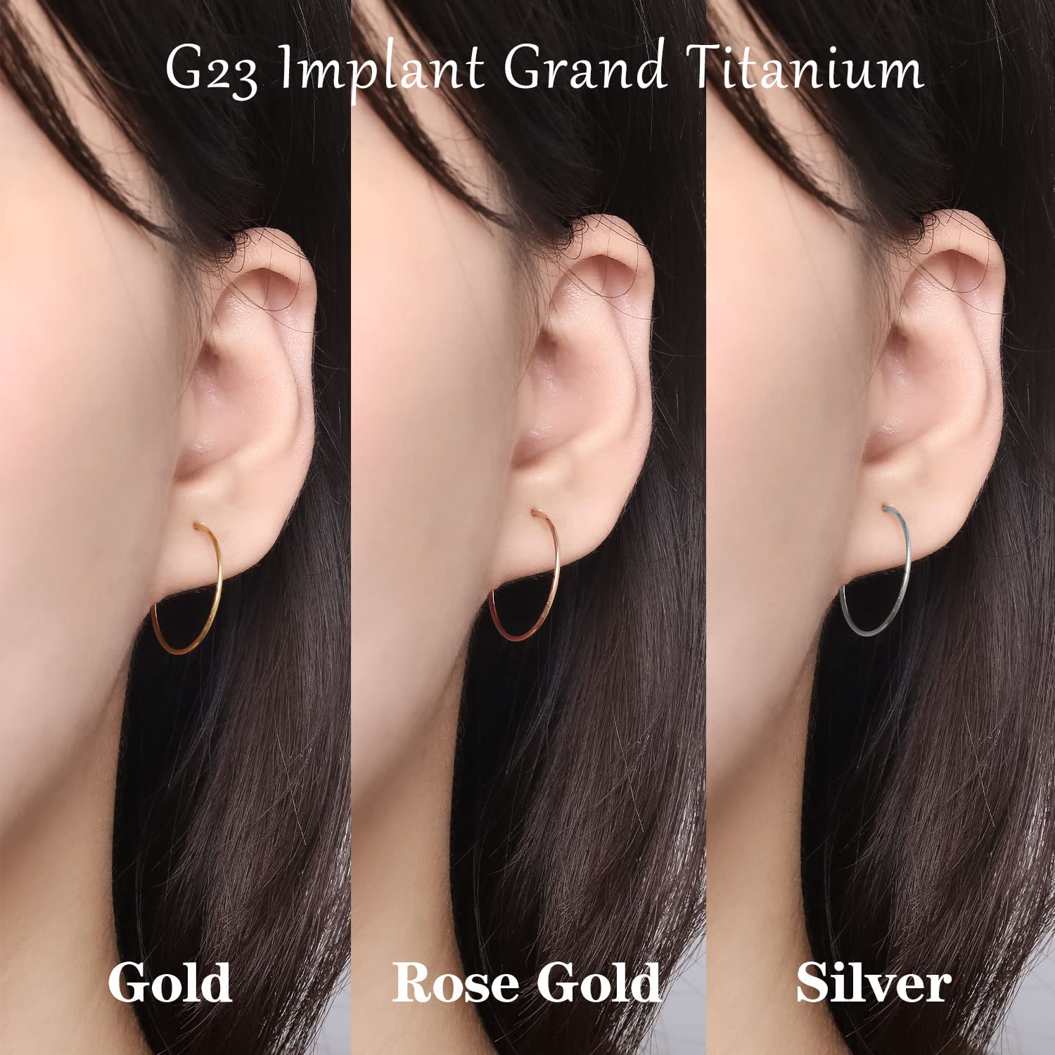 VOJO 3 Pairs G23 Titanium Thin Hoop Earrings for Women Hypoallergenic 20G Lobe Earrings Set (20G 18mm, 1 Pair Silver & 1 Pair Gold & 1 Pair Rose Gold)