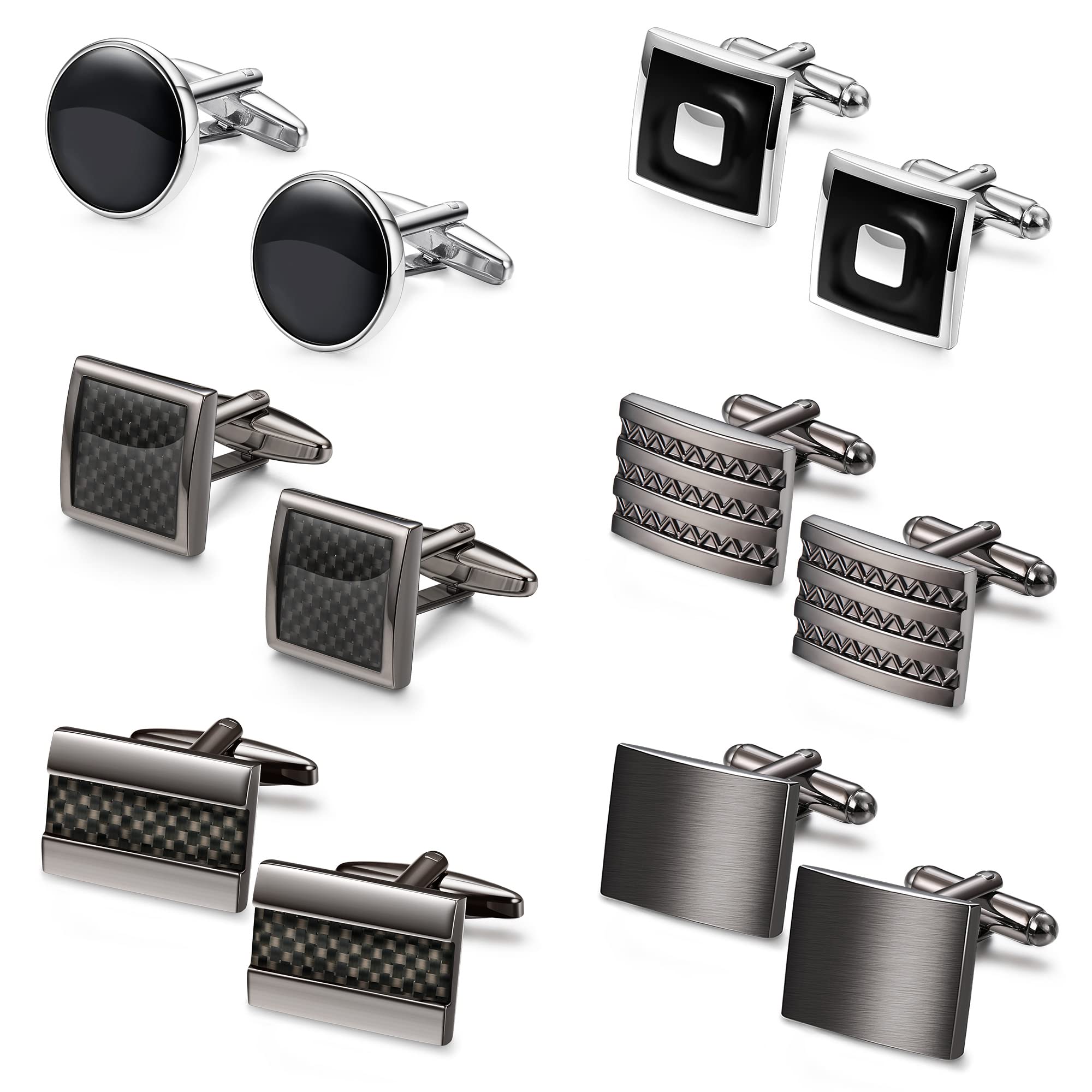 Florideco 6 Pairs Men's Cufflinks Classic Vintage Black Striped Silver Tone Cufflinks Set for Men Business Wedding Shirts Groomsman Tuxedo With Gift Box