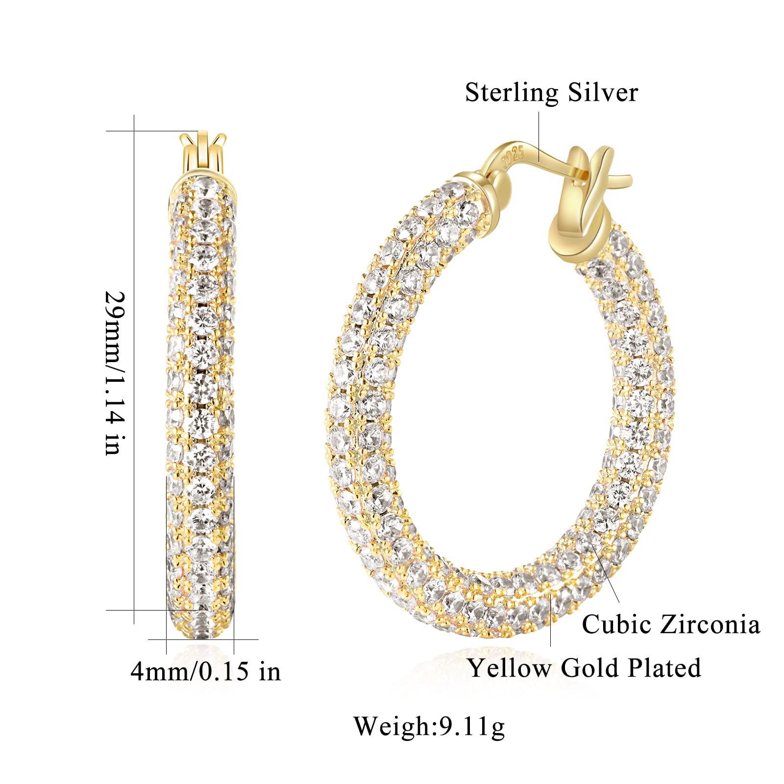 CiNily Hoop Earrings for Women, 925 Sterling Silver Earrings Hypoallergenic 14K Gold Plated Lightweight White Cubic Zirconia Chunky Open Hoops Jewelry 1.2"