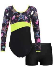 daenrui kids girls long sleeve gymnastics leotards with shorts biketard 2 pieces ballet dance outfits tracksuit starry 12 years