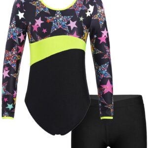 Daenrui Kids Girls Long Sleeve Gymnastics Leotards with Shorts Biketard 2 Pieces Ballet Dance Outfits Tracksuit Starry 12 Years