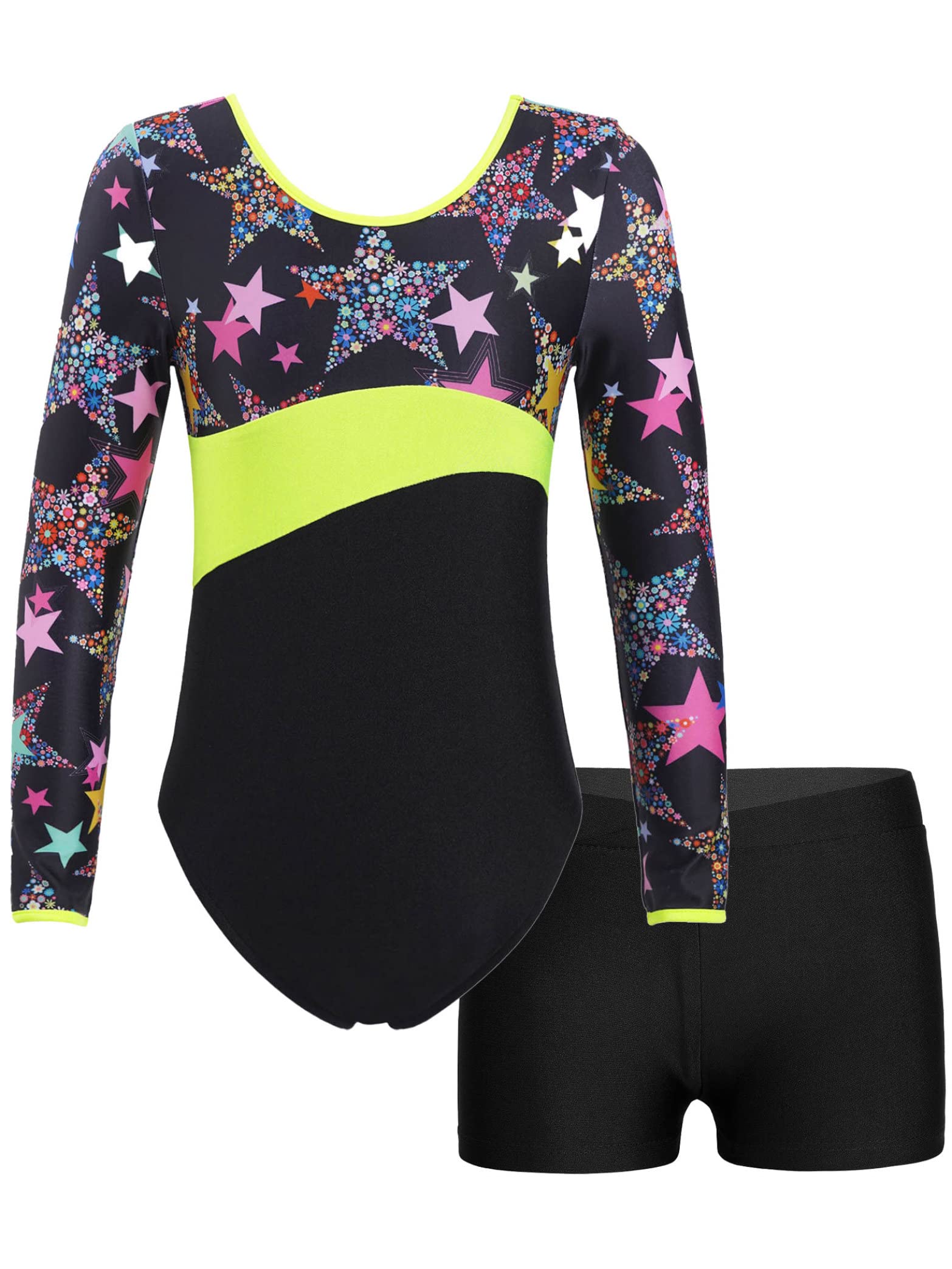 Daenrui Kids Girls Long Sleeve Gymnastics Leotards with Shorts Biketard 2 Pieces Ballet Dance Outfits Tracksuit Starry 12 Years