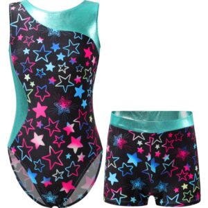 winying Kids Girls Two Piece Unitard Leotard Stretchy Fitness Bodysuit Gymnastic Dancewear Starry Black A 8 Years