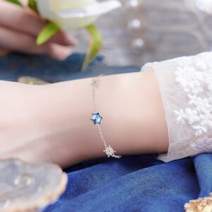 Dreamboat Snowflake Bracelet Sterling Silver Winter Snowflake Bracelets Blue Crystal Birthstone Adjustable Link Bracelet Snowflake Jewlery Holiday Gifts for Women Wrist 7-9 inches