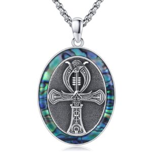 storyetain ankh necklace sterling silver egyptian eye of horus ankh cross pendant necklace oval abalone shell ancient egyptian horus bird symbol of protection jewelry for men women