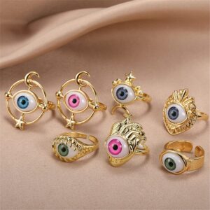 Turkish Blue Evil Eye Open Ring Adjustable 18K Gold Plating Lucky Band For Women Friendship Boho Jewelry Gifts (Style E)