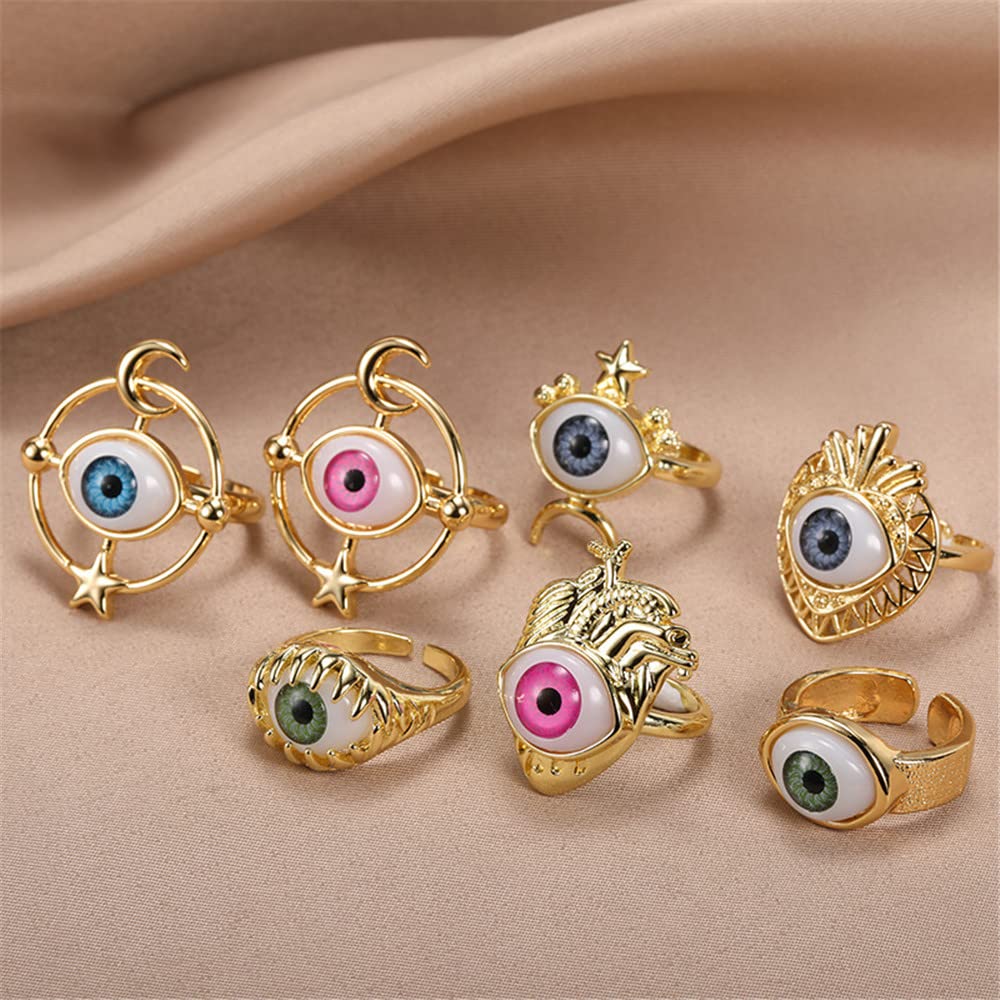 Turkish Blue Evil Eye Open Ring Adjustable 18K Gold Plating Lucky Band For Women Friendship Boho Jewelry Gifts (Style E)