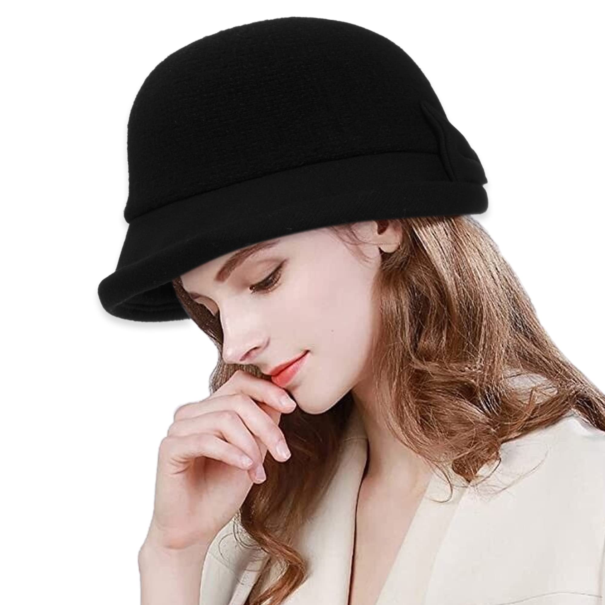 Womens 1920s Vintage Upturn Brim Wool Blend Cloche Church Hat Winter Felt Bucket Bowler Hat Crushable Foldable Black