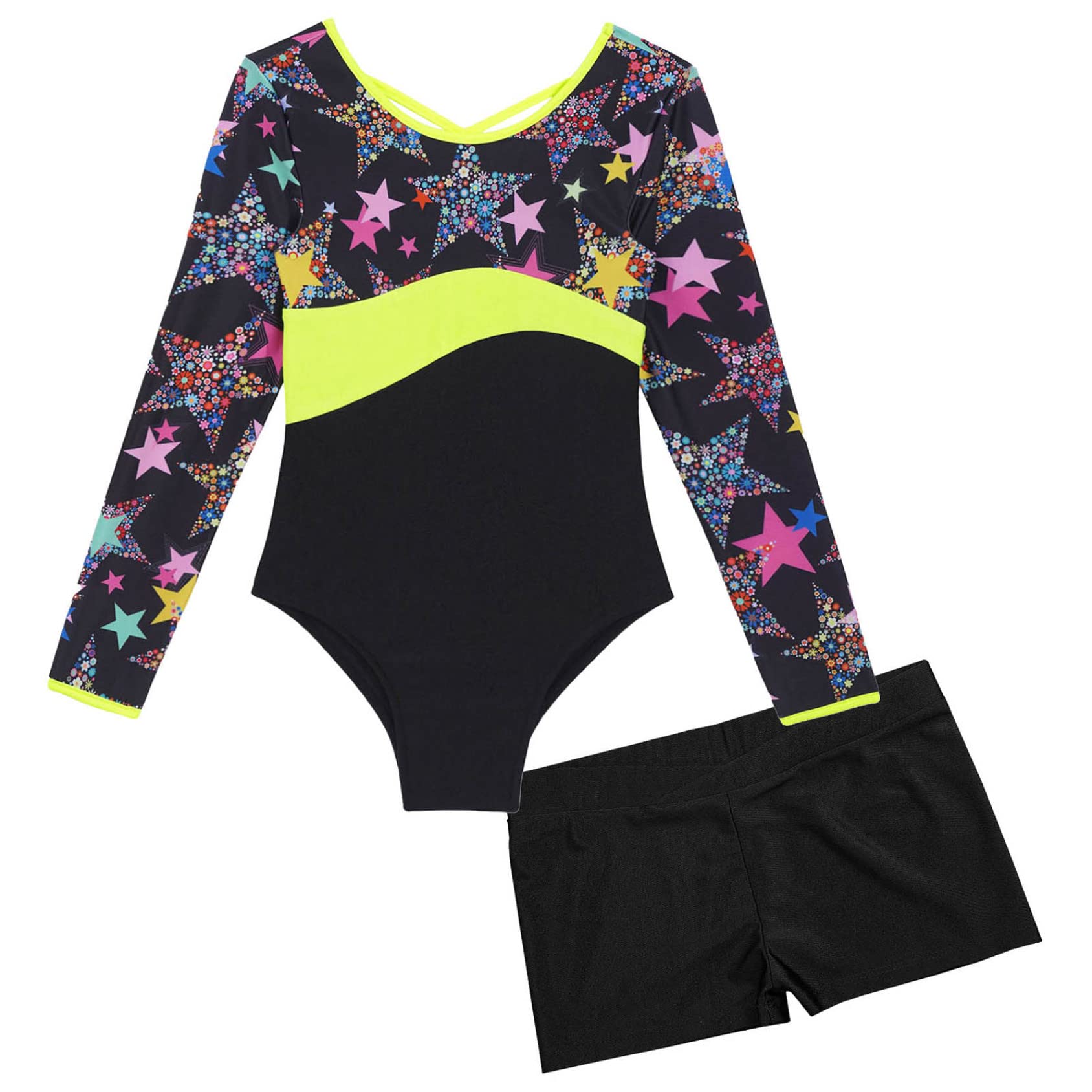 Daenrui Kids Girls Long Sleeve Gymnastics Leotards with Shorts Biketard 2 Pieces Ballet Dance Outfits Tracksuit Starry 12 Years