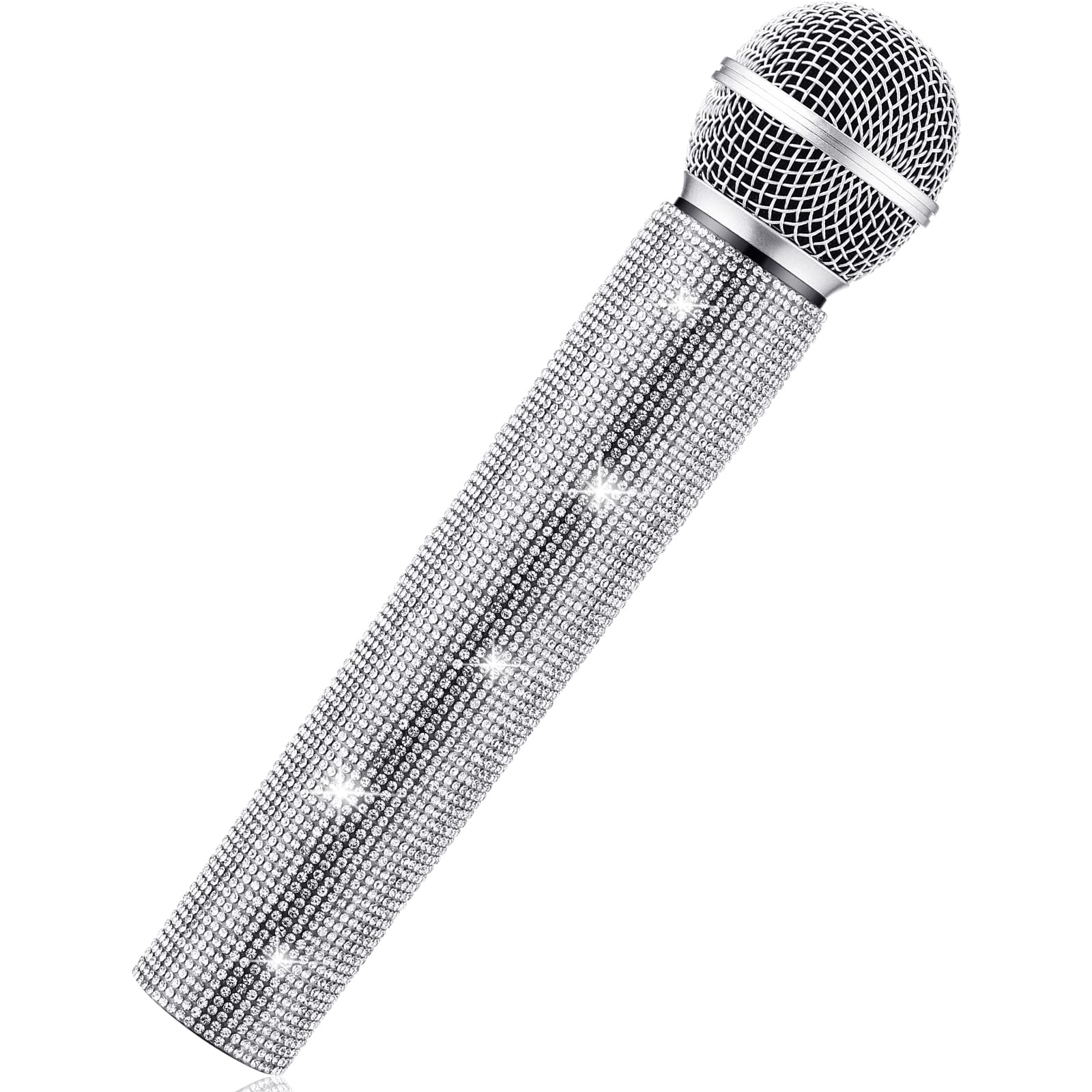 Sanwuta Fake Microphone Prop Halloween Microphone Sparkly Bling Rhinestones Plastic Play Microphone Pretend Glitter Bedazzled Microphones for Halloween Cosplay Party Supplies(Silver)