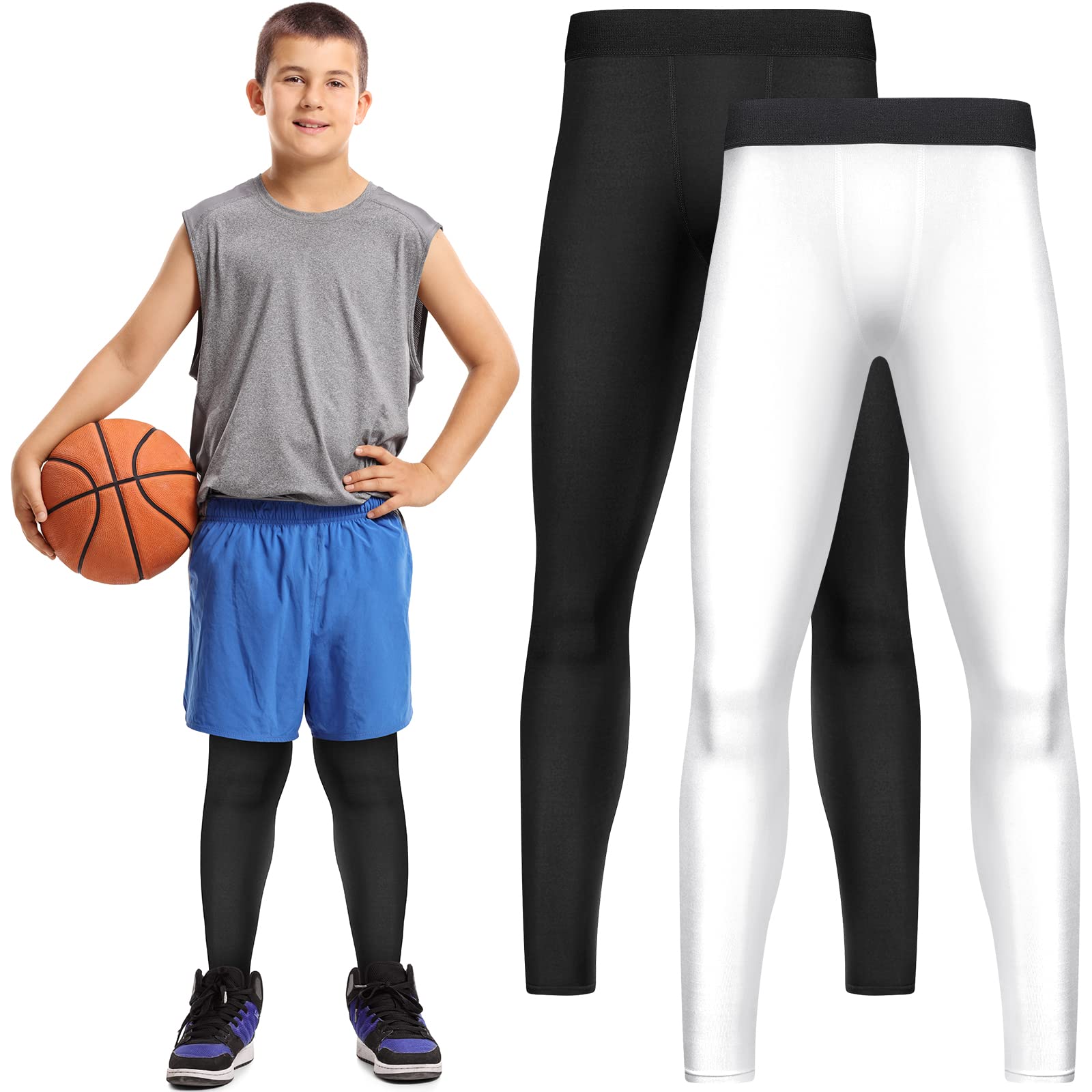 Haysandy Boys' Compression Leggings 2 Pack Athletic Tights Basketball Compression Pants Boys Sport Leggings (Black, White, Large)