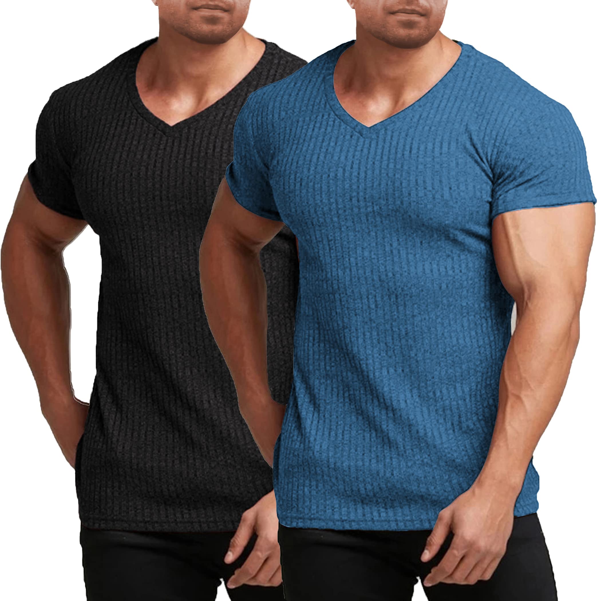 COOFANDY Men's 2 Pack Muscle T Shirts Stretch Short Sleeve V Neck Bodybuilding Workout Tee Shirts