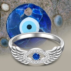 Turkish Evil Eye Ring 925 Sterling Silver Angel Wing Evil Eye Rings for Women Cubic Zirconia Mother Day Protection Jewelry Lucky Gif Size 8