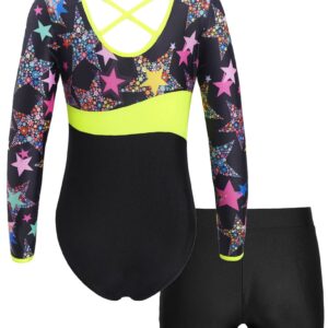 Daenrui Kids Girls Long Sleeve Gymnastics Leotards with Shorts Biketard 2 Pieces Ballet Dance Outfits Tracksuit Starry 12 Years