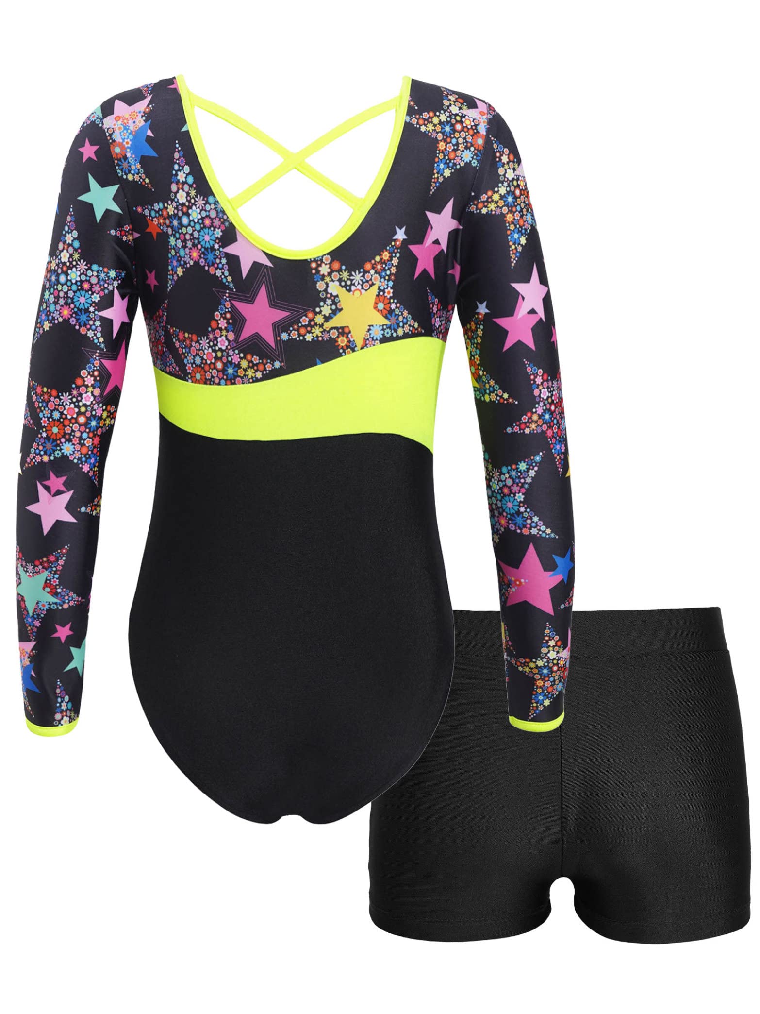 Daenrui Kids Girls Long Sleeve Gymnastics Leotards with Shorts Biketard 2 Pieces Ballet Dance Outfits Tracksuit Starry 12 Years