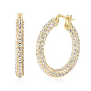 CiNily Hoop Earrings for Women, 925 Sterling Silver Earrings Hypoallergenic 14K Gold Plated Lightweight White Cubic Zirconia Chunky Open Hoops Jewelry 1.2"