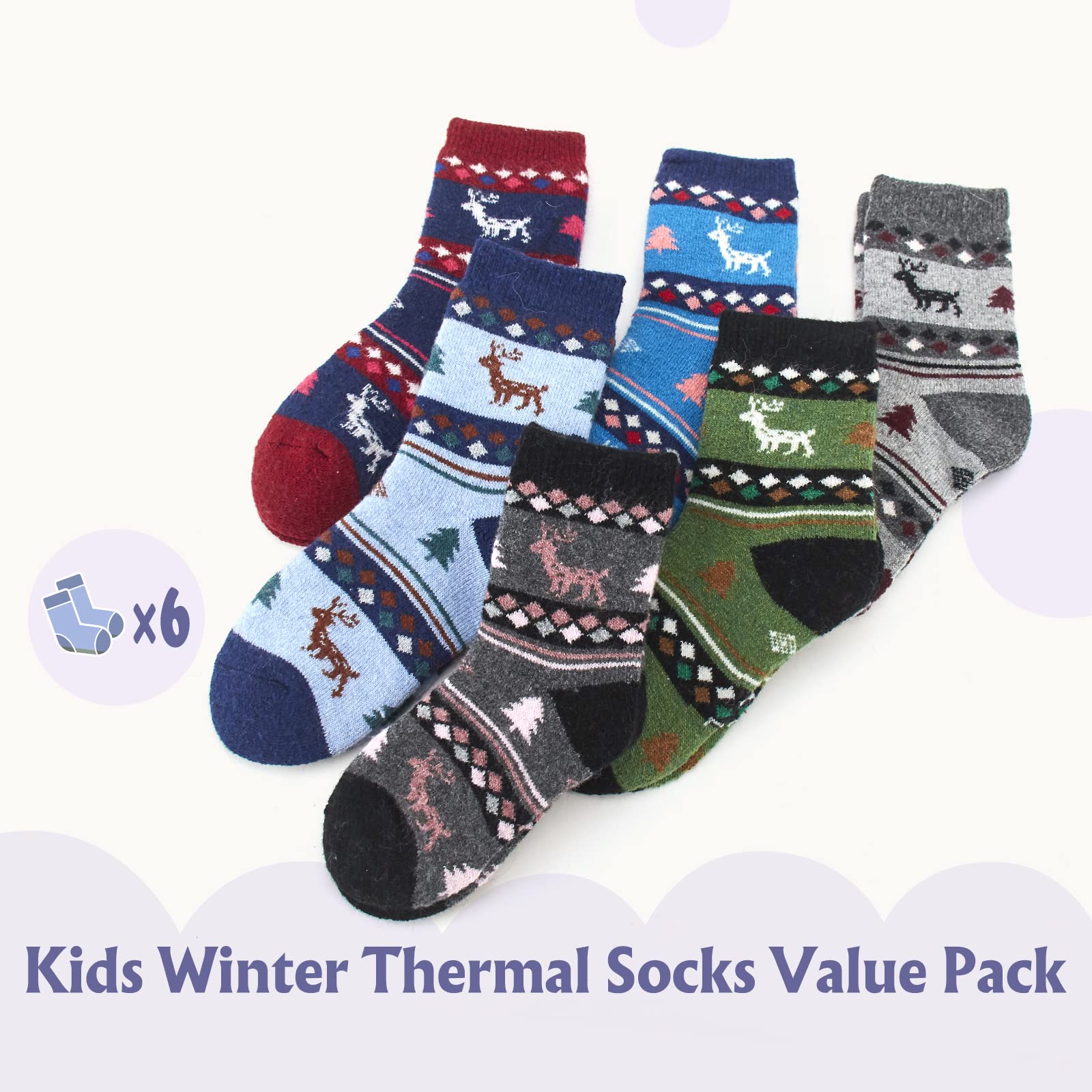 Qterdiz Toddler Boys Wool Socks Kids Thick Winter Warm Socks Thermal Crew Socks for Boys Elks 6 Pack 4-6 Years