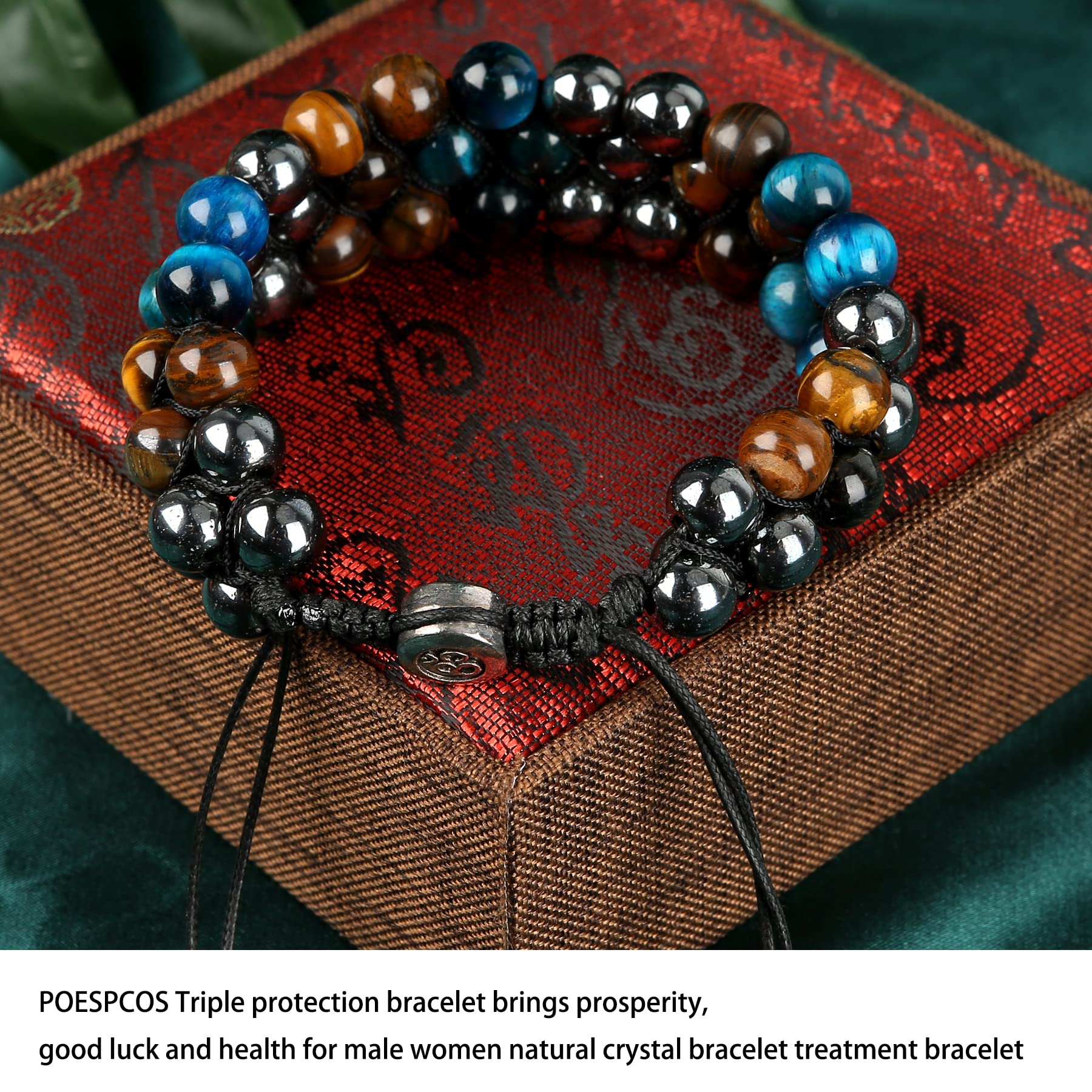 POESPCOS Triple Protection Men'S Ladies Tiger Eye Bracelet Chakra Bracelet, Brings Good Luck, Prosperity, Wealth and Happiness, Is An Energy Bracelet