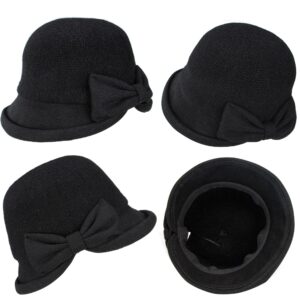 Womens 1920s Vintage Upturn Brim Wool Blend Cloche Church Hat Winter Felt Bucket Bowler Hat Crushable Foldable Black