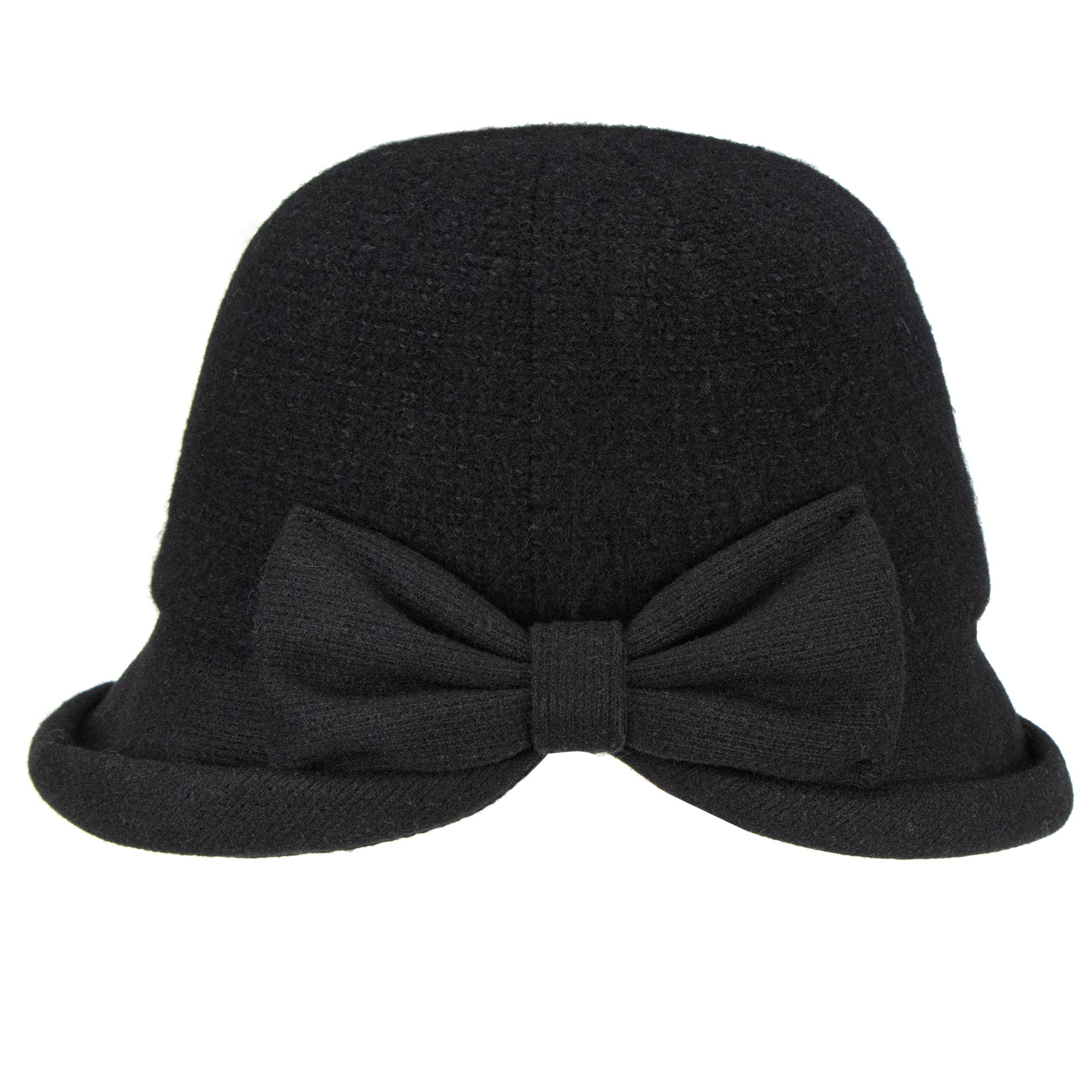 Womens 1920s Vintage Upturn Brim Wool Blend Cloche Church Hat Winter Felt Bucket Bowler Hat Crushable Foldable Black