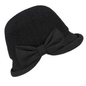 Womens 1920s Vintage Upturn Brim Wool Blend Cloche Church Hat Winter Felt Bucket Bowler Hat Crushable Foldable Black