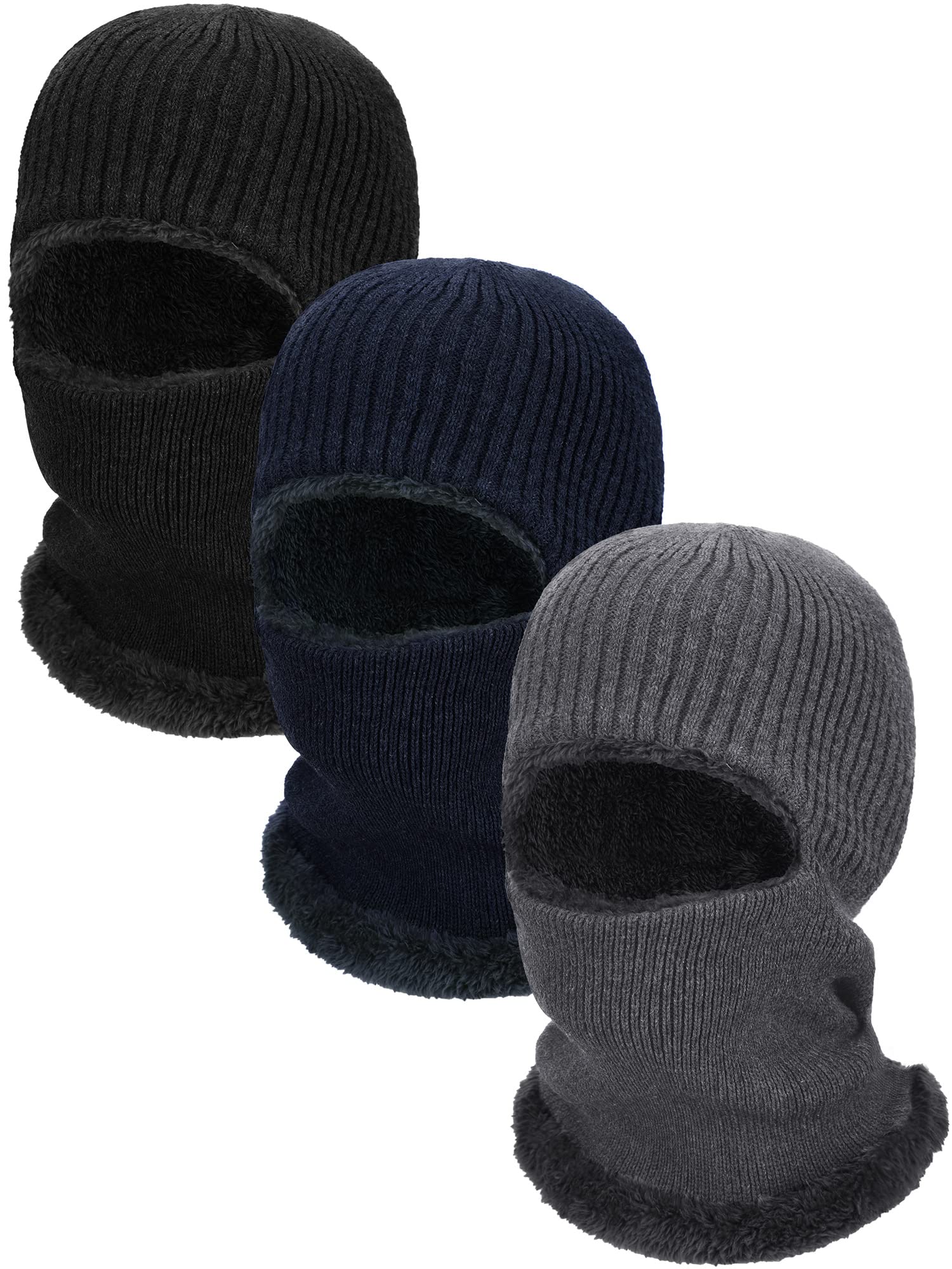 3 Pieces Winter Warm Knitted Balaclava Neck Warmer Hat Fleece Ski Face Covering Windproof Face Scarf for Outdoor Sport (Navy Blue, Light Gray, Black,M)