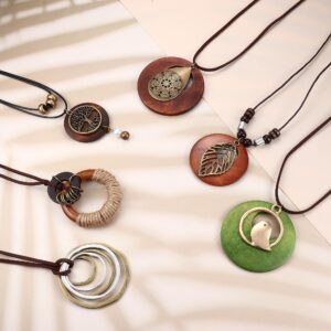 Fansilver 6Pcs Long Wooden Pendant Necklaces for Women Bohemian Sweater Necklace Set Handmade VintageWooden Bird Leaf Tree Layered Pendant Necklace Brown Y Necklace Fashion Hippie Jewelry