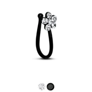 Black-Tone 925 Sterling Silver Fake Nose Hugger Clip On Non Piercing Clear Flower Nose Ring