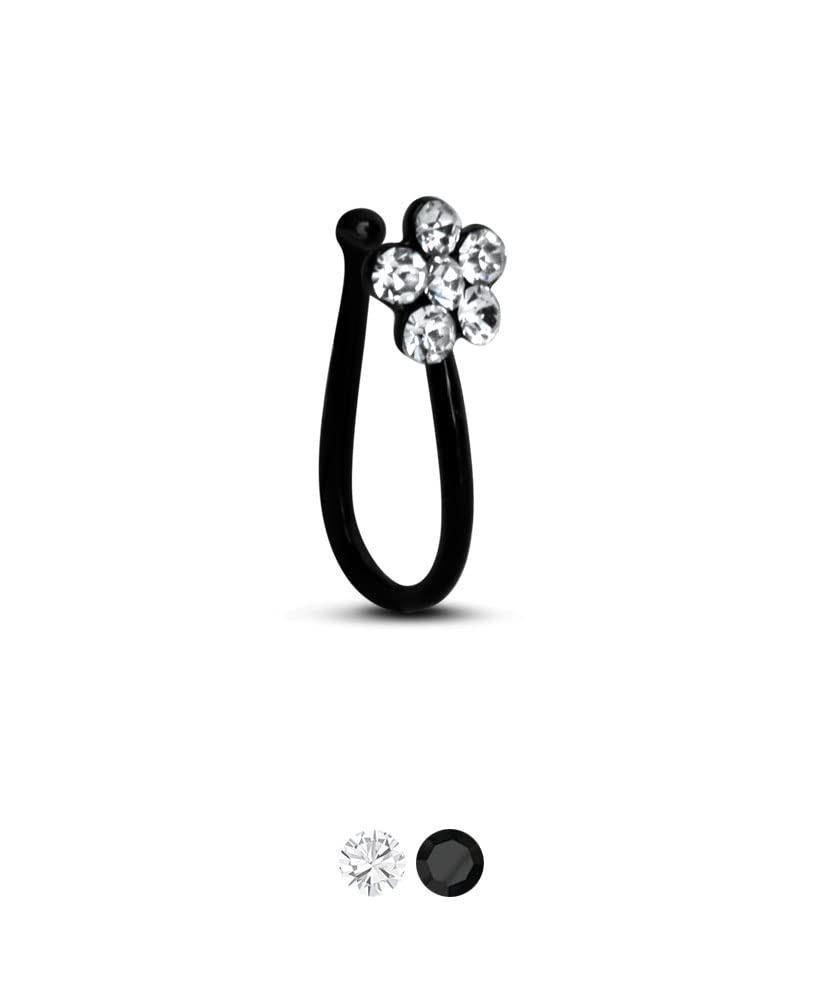 Black-Tone 925 Sterling Silver Fake Nose Hugger Clip On Non Piercing Clear Flower Nose Ring