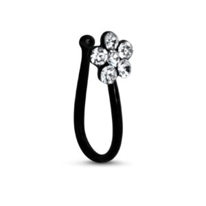 Black-Tone 925 Sterling Silver Fake Nose Hugger Clip On Non Piercing Clear Flower Nose Ring