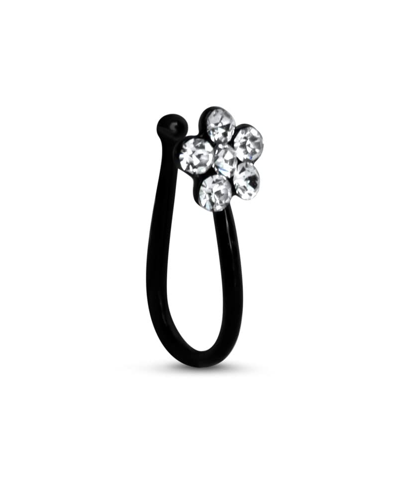 Black-Tone 925 Sterling Silver Fake Nose Hugger Clip On Non Piercing Clear Flower Nose Ring