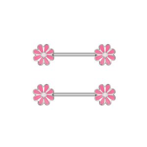 Fashion 14G Daisy Flower Nipple Rings for Women Stainless Steel Flower Nipple Tongue Ring Barbell Nipplerings Belly Nipple Piercing Sexy Body Piercing Jewelry Gifts (Pink)