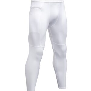 SPVISE Men's White Compression Pants with Zip Pocket Cool Dry Athletic Leggings Tights Workout Baselayer for Running Gym Yoga