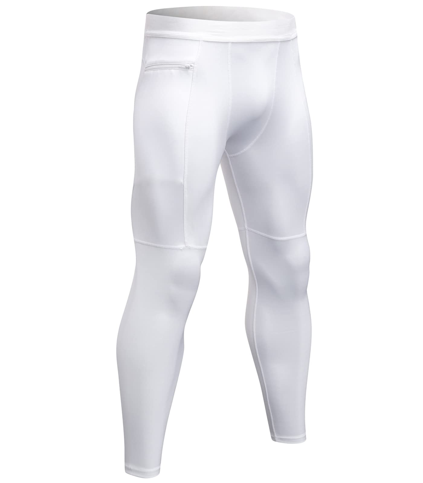 SPVISE Men's White Compression Pants with Zip Pocket Cool Dry Athletic Leggings Tights Workout Baselayer for Running Gym Yoga