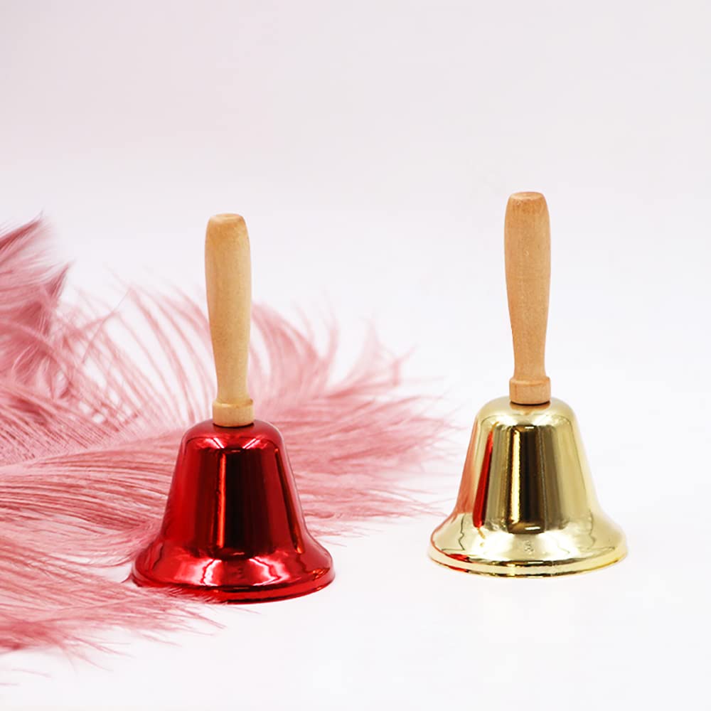 2 Pcs Hand Call Bells Loud Hand Bells Metal Signal Ringing Bell Christmas Santa Bells with Handle for Service Dinner School Classroom Game Pets Wedding Party Animals, Brass Gold & Red