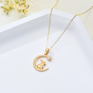 MUUYON 14K Gold Rabbit Necklace for Women, Real Yellow Gold Crescent Moon and Star Pendant Necklace, Easter Jewelry for Ladies Mom Sisters, 16"+1"+1"