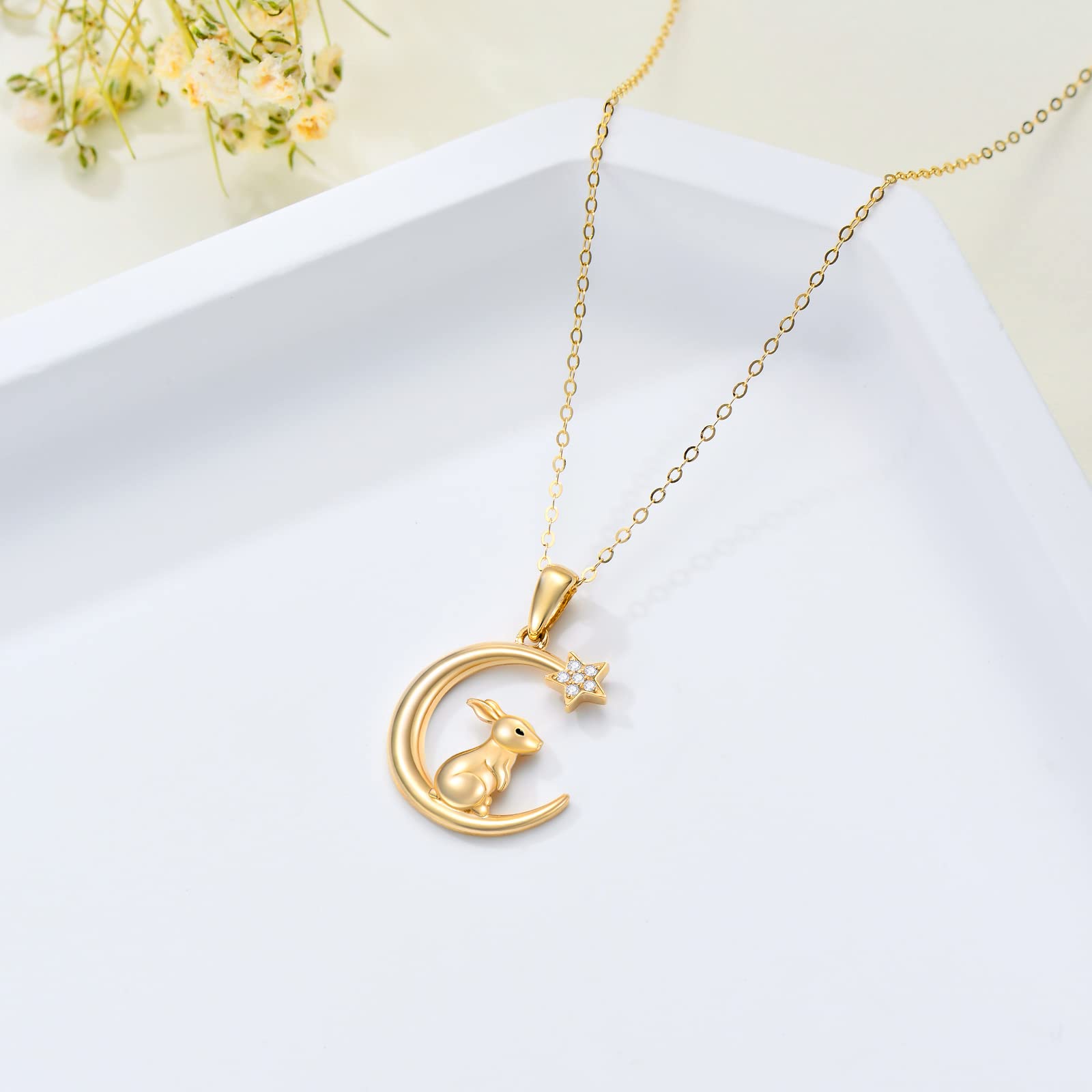 MUUYON 14K Gold Rabbit Necklace for Women, Real Yellow Gold Crescent Moon and Star Pendant Necklace, Easter Jewelry for Ladies Mom Sisters, 16"+1"+1"