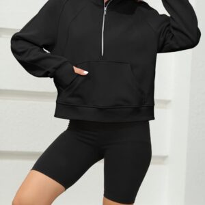 Womens Sweatshirts Half Zipper Crop Pullover Funnel Neck Fleece Lined Zip Up Long Sleeve Tops Thumb Hole Black