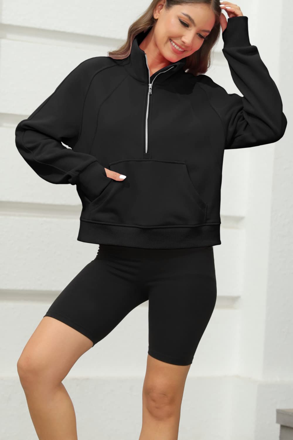 Womens Sweatshirts Half Zipper Crop Pullover Funnel Neck Fleece Lined Zip Up Long Sleeve Tops Thumb Hole Black