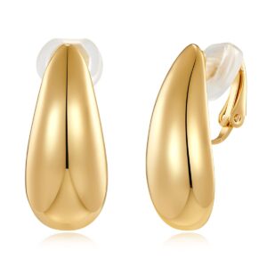 muyan gold plated long waterdrop clip on earrings for women gold long polished droplet clip earrings lightweight jewelry