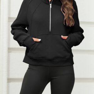 Womens Sweatshirts Half Zipper Crop Pullover Funnel Neck Fleece Lined Zip Up Long Sleeve Tops Thumb Hole Black