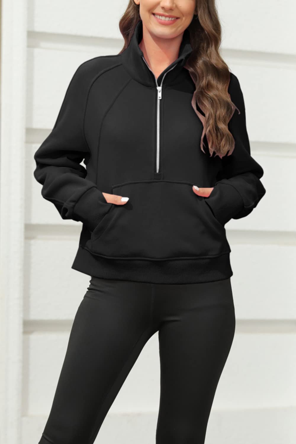 Womens Sweatshirts Half Zipper Crop Pullover Funnel Neck Fleece Lined Zip Up Long Sleeve Tops Thumb Hole Black