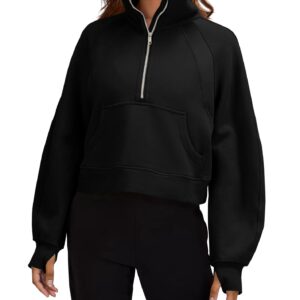 Womens Sweatshirts Half Zipper Crop Pullover Funnel Neck Fleece Lined Zip Up Long Sleeve Tops Thumb Hole Black