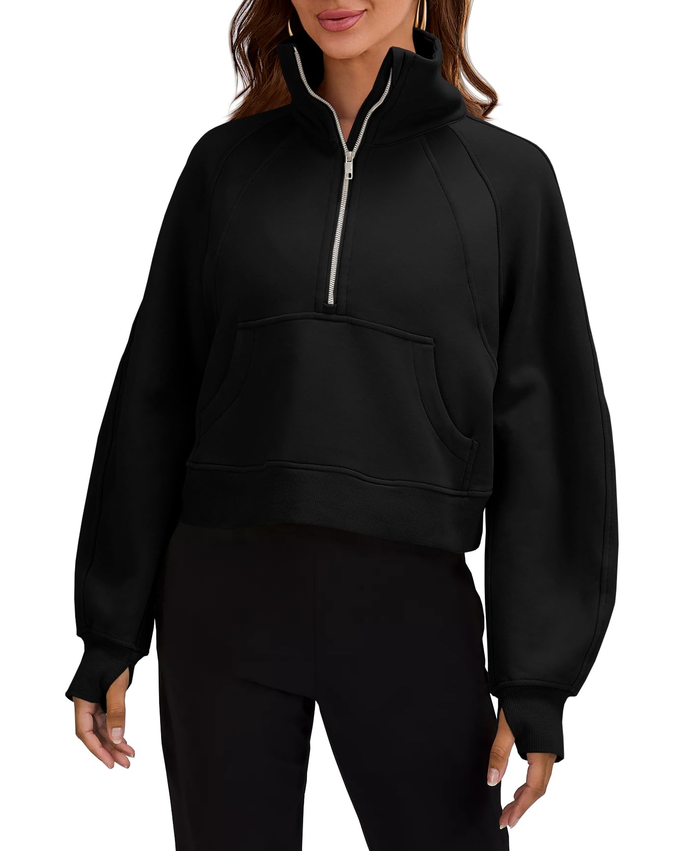 Womens Sweatshirts Half Zipper Crop Pullover Funnel Neck Fleece Lined Zip Up Long Sleeve Tops Thumb Hole Black