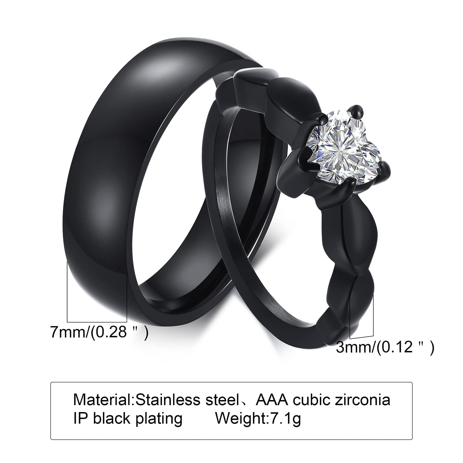 Promise Rings for Couples - Free Engraving Couple Rings Heart Cubic Zirconia Ring Set Gift for Him and Her Christmas Anniversary Birthday Wedding