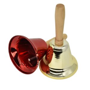 2 Pcs Hand Call Bells Loud Hand Bells Metal Signal Ringing Bell Christmas Santa Bells with Handle for Service Dinner School Classroom Game Pets Wedding Party Animals, Brass Gold & Red