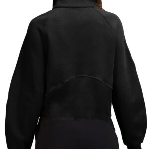 Womens Sweatshirts Half Zipper Crop Pullover Funnel Neck Fleece Lined Zip Up Long Sleeve Tops Thumb Hole Black