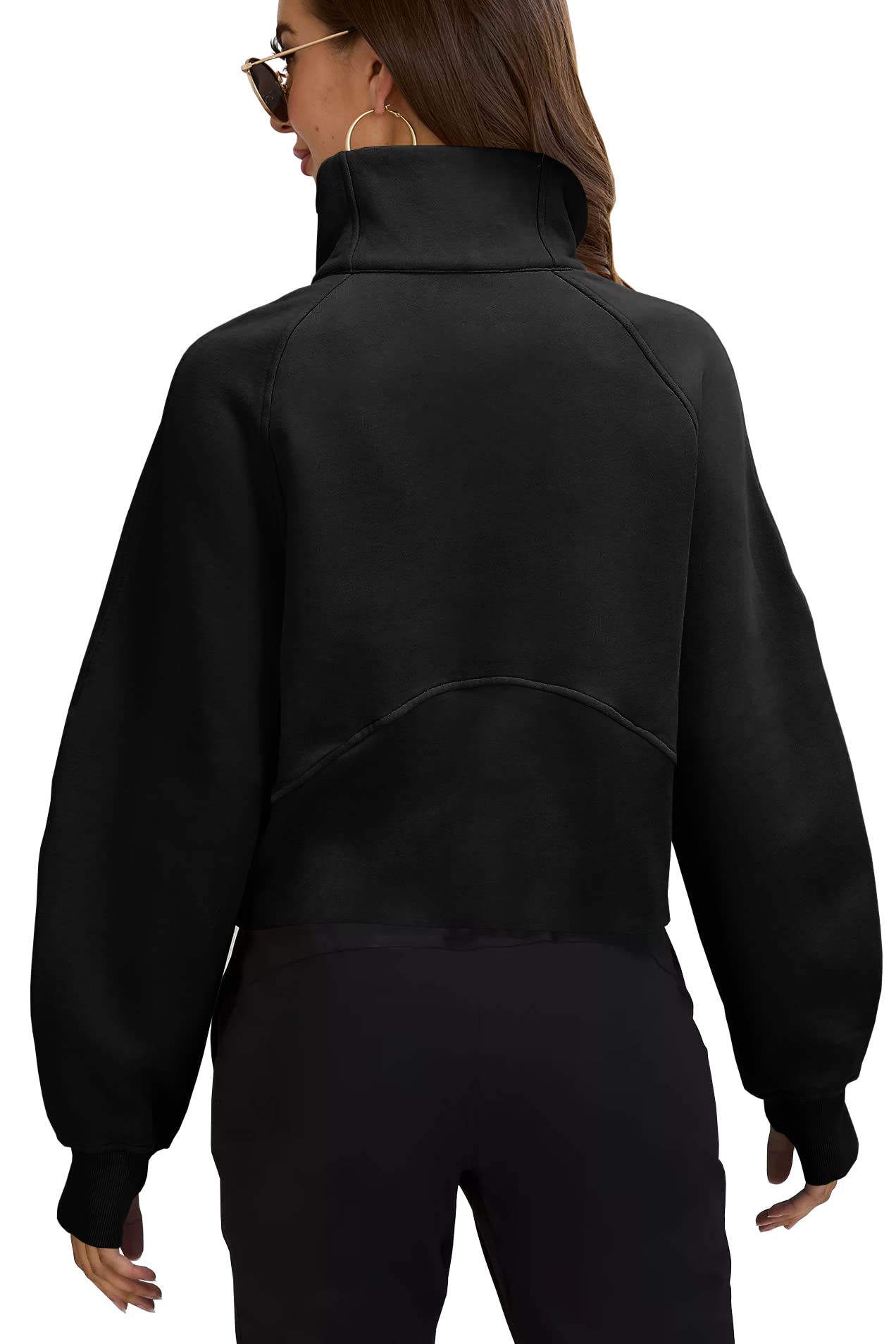 Womens Sweatshirts Half Zipper Crop Pullover Funnel Neck Fleece Lined Zip Up Long Sleeve Tops Thumb Hole Black